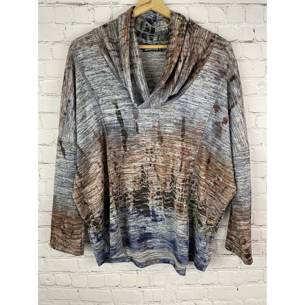 DAVID CLINE Art to Wear Geo Print Cowl Neck Small Dolman Sleeve Sweater